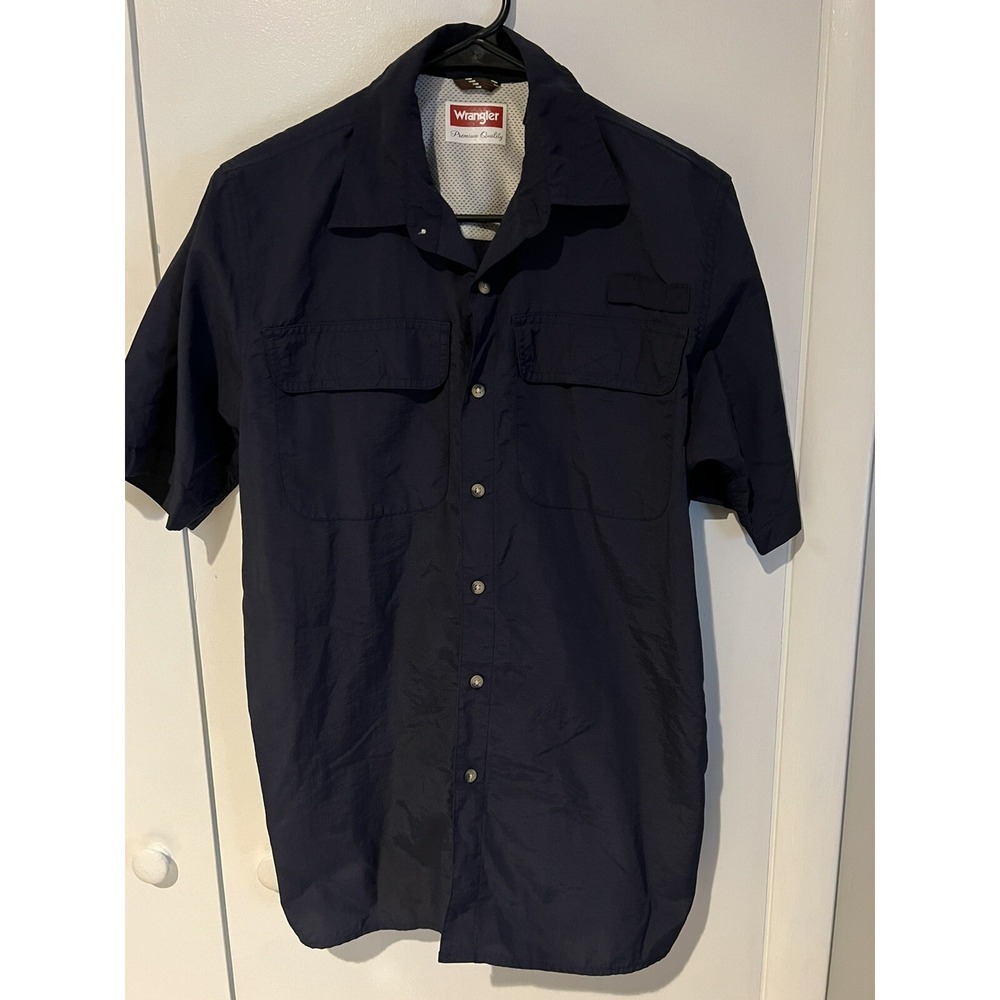 Wrangler Fishing Outdoors Short Sleeve Button‎ Front Shirt Navy Small